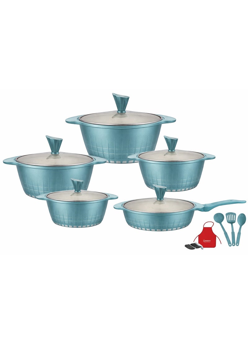 طقم أواني طهي جرانيت موفر للطاقة 17 قطعة يتضمن طاجن 1x32 مع غطاء، طاجن 1x28 مع غطاء، كسرولة 1x24 مع غطاء، كسرولة 1x20 سم مع غطاء، مقلاة 1×28 سم مع غطاء و 7 قطع أداة الطبخ